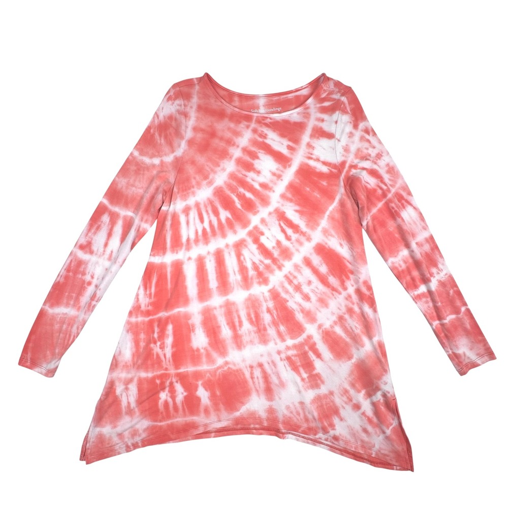 Soft Surroundings Tie Dye Tunic Top S‎ Coral Jersey Stretch Asymmetrical Resort - Picture 3 of 12